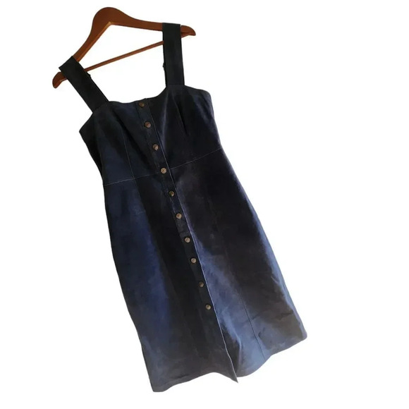 New $228 Free People Women's Blue Mini Dress 100% Cow Leather Button Dow… - Picture 8 of 9